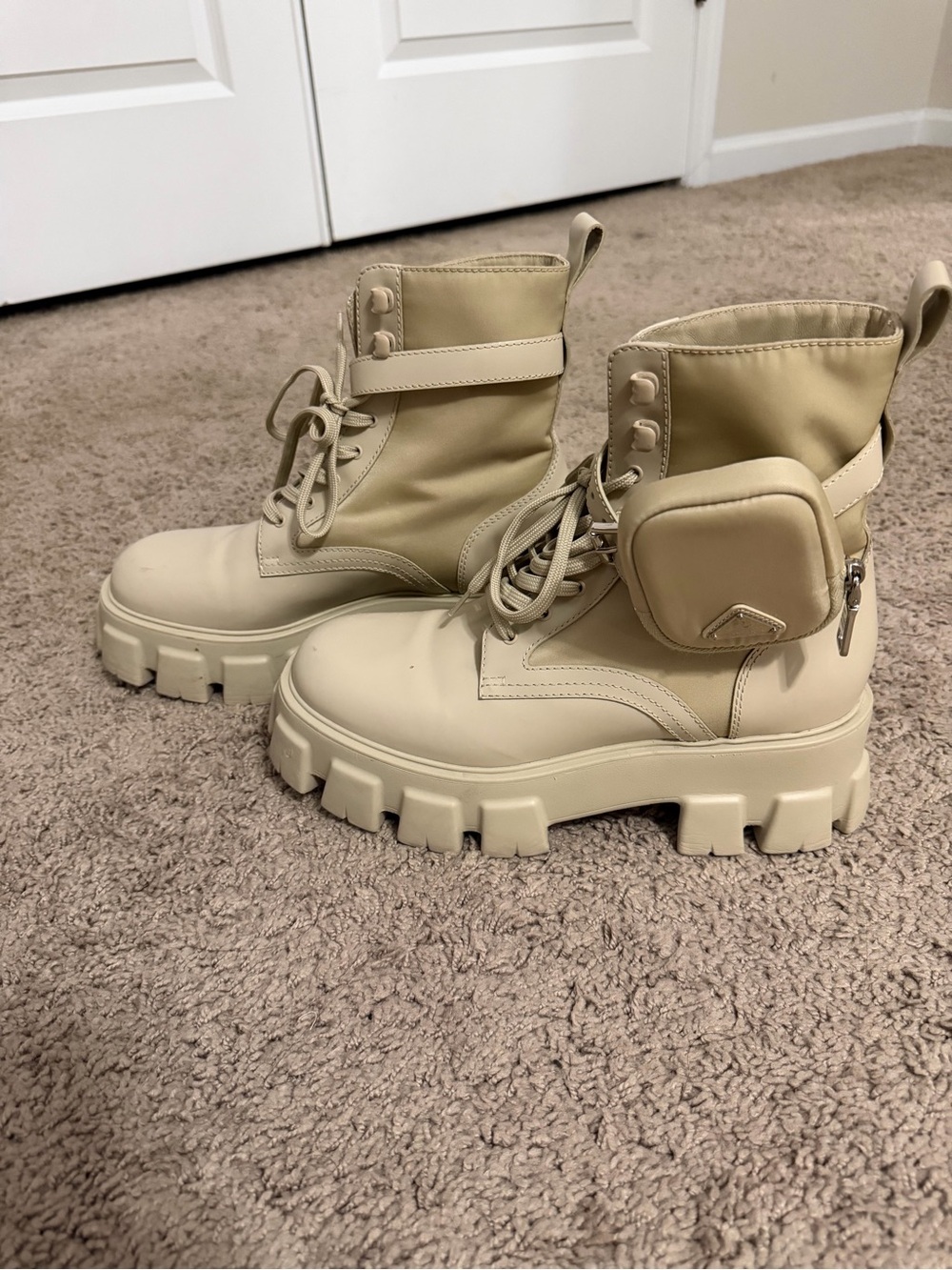 Prada Monolith Leather Lace-Up Combat Boots